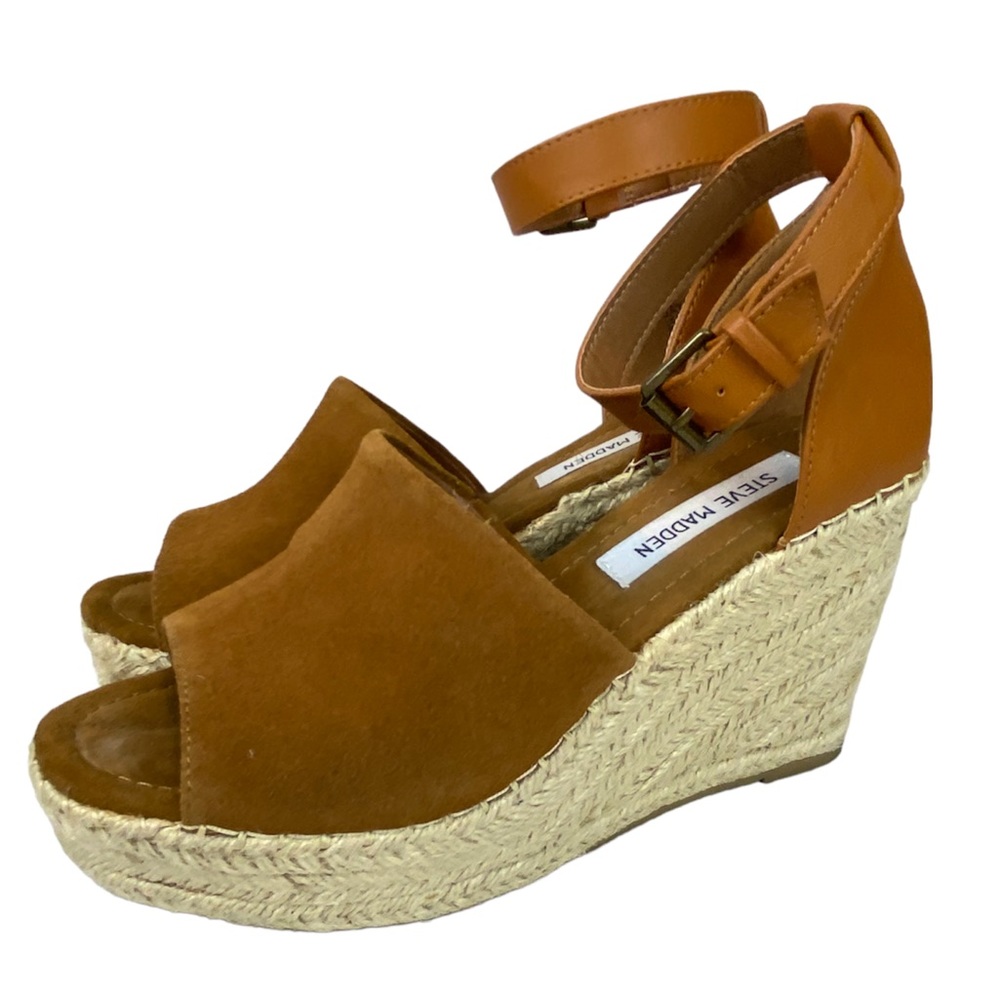 Steve Madden Espadrille Sandals Platform Wedge Heel Tan Suede Open Toe Size 8.5